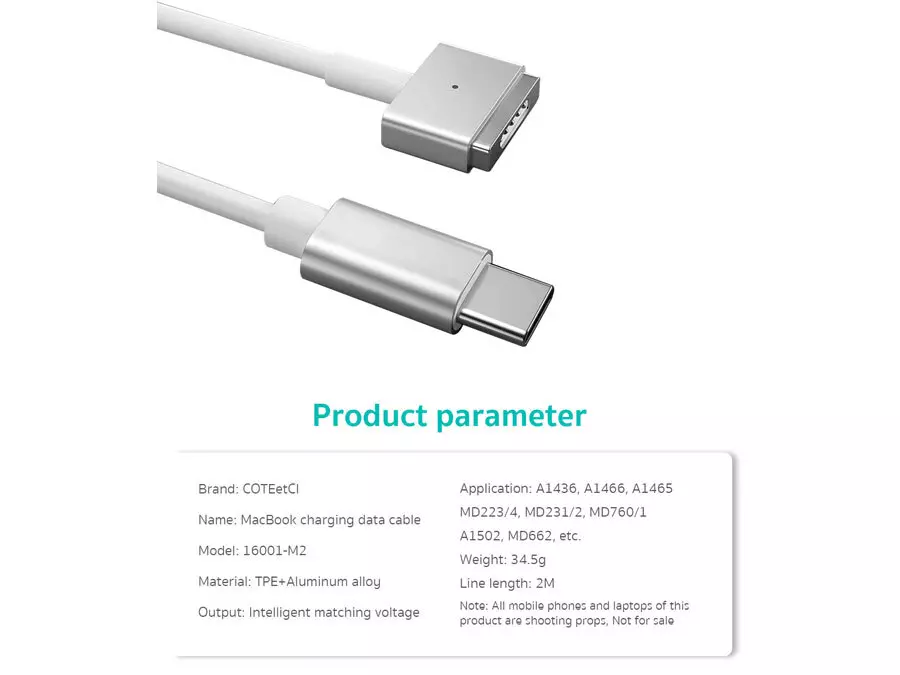 کابل شارژ مغناطیسی مک بوک تایپ سی 100 وات دو متری کوتتسی Coteetci MacBook MagSafe "L" style charging data cable 16001-M1