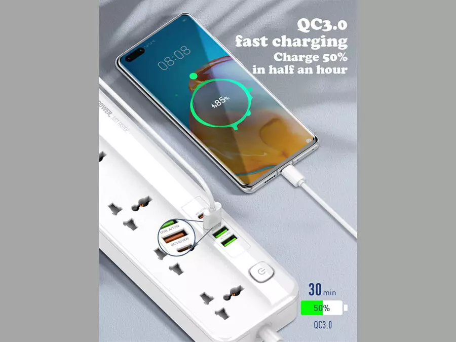 چند راهی برق پنج سوکت، دو یو اس بی و یک تایپ سی الدنیو LDNIO SC5319 5 Port + 3 USB Power Socket Plug Extension Wall Charger