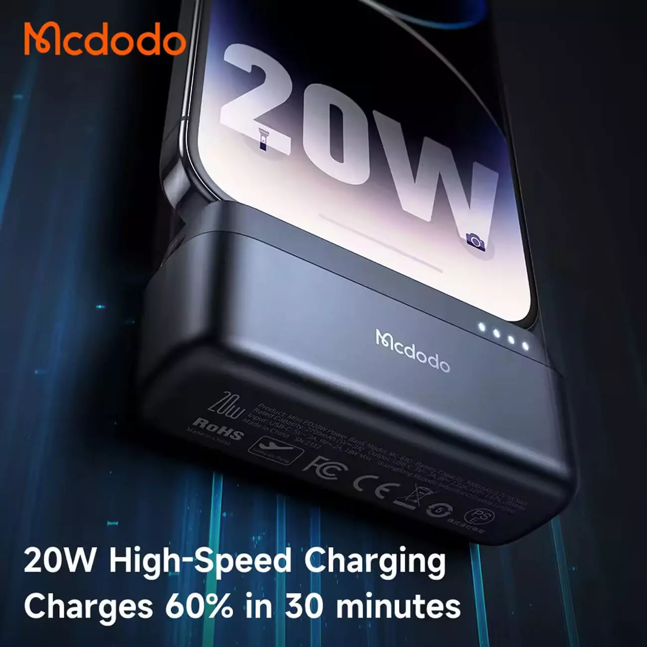 پاور بانک تایپ سی و یو اس بی 65 وات 20000 مک دودو Mcdodo MC-446 Light Interaction Digital Display Power Bank