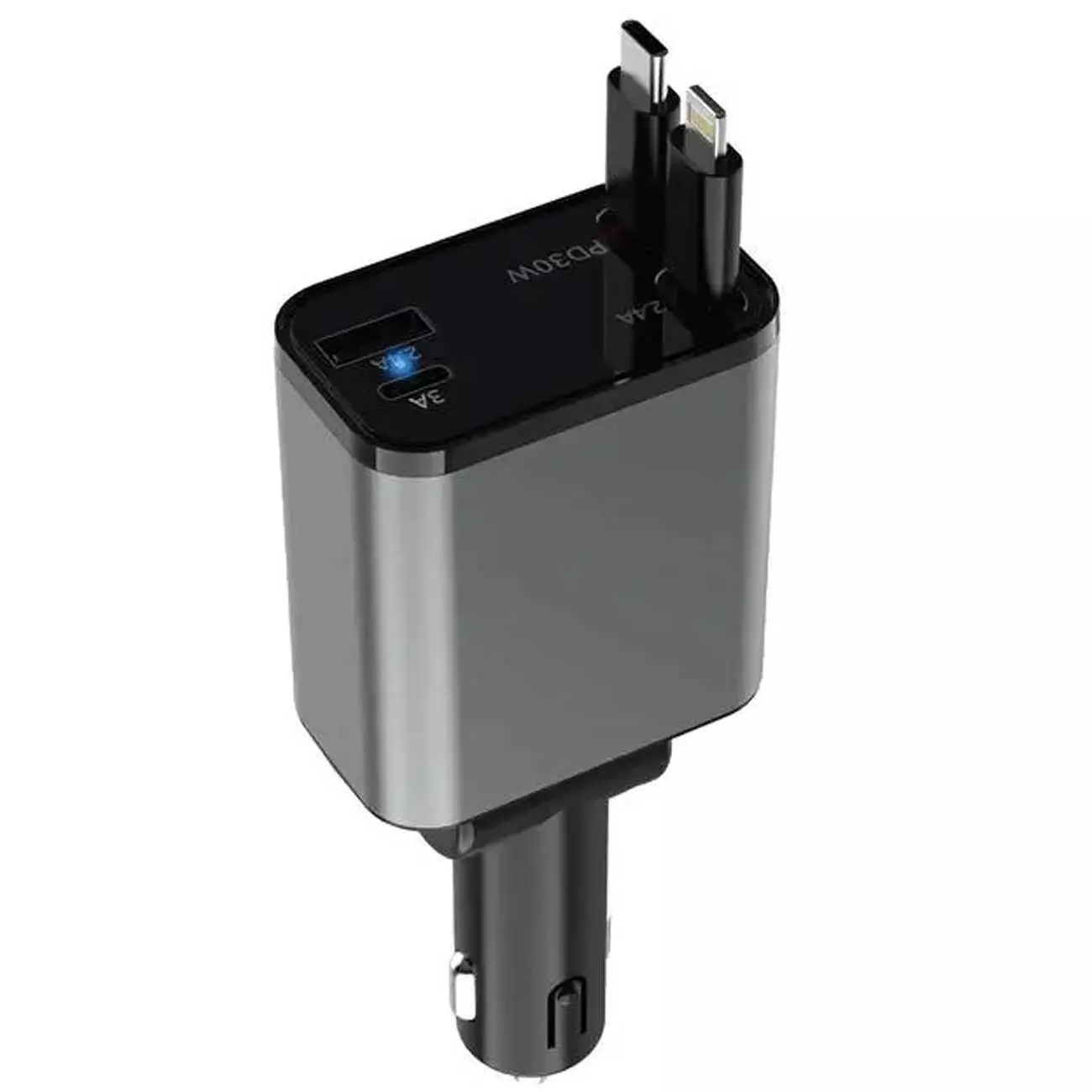 شارژر فندکی لایتنینگ، یو اس بی و تایپ سی 30 وات با کابل 80 سانتی متری گرین GNRCC50WBK