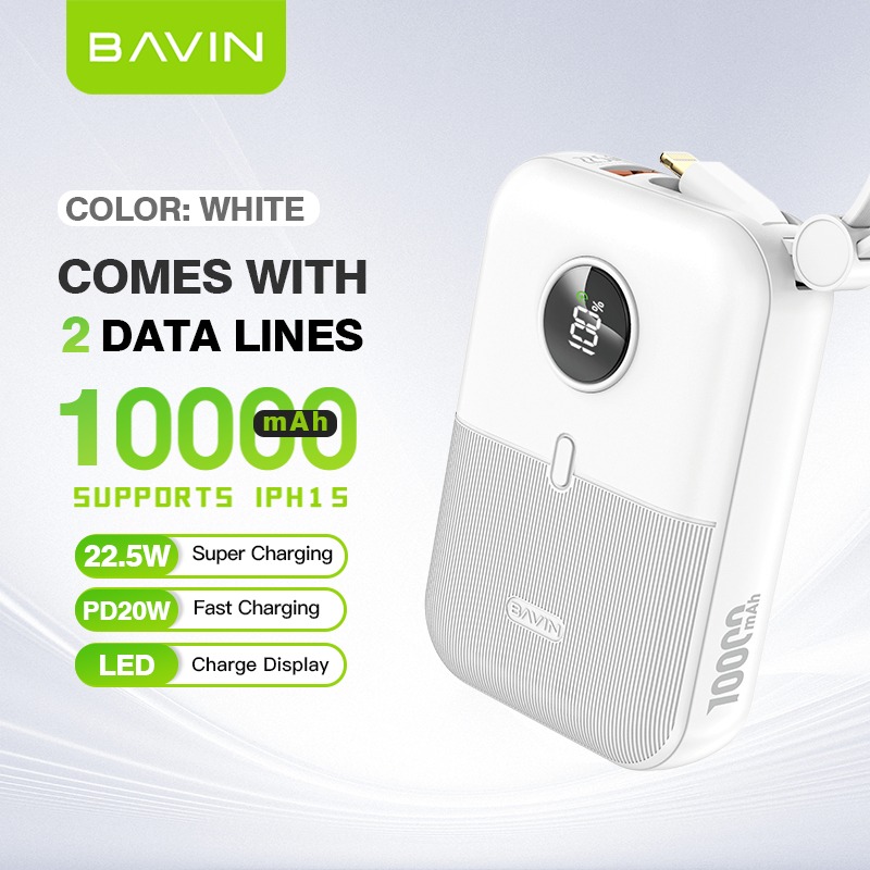 پاوربانک 10000 باوین Bavin PC1089S توان 22.5 وات همراه با کابل متصل