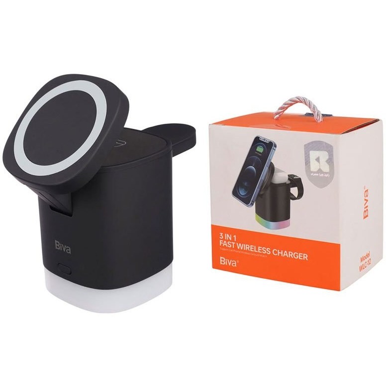 استند و شارژر وایرلس چندکاره مگنتی بیوا Biva WLC-12 3in1 Fast wireless Charger با امکان شارژ اپل واچ
