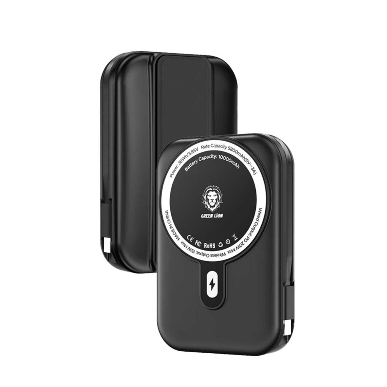 پاوربانک مگنتی 15 وات 10000 همراه کابل تایپ سی گرین GNMGP10KPBBK