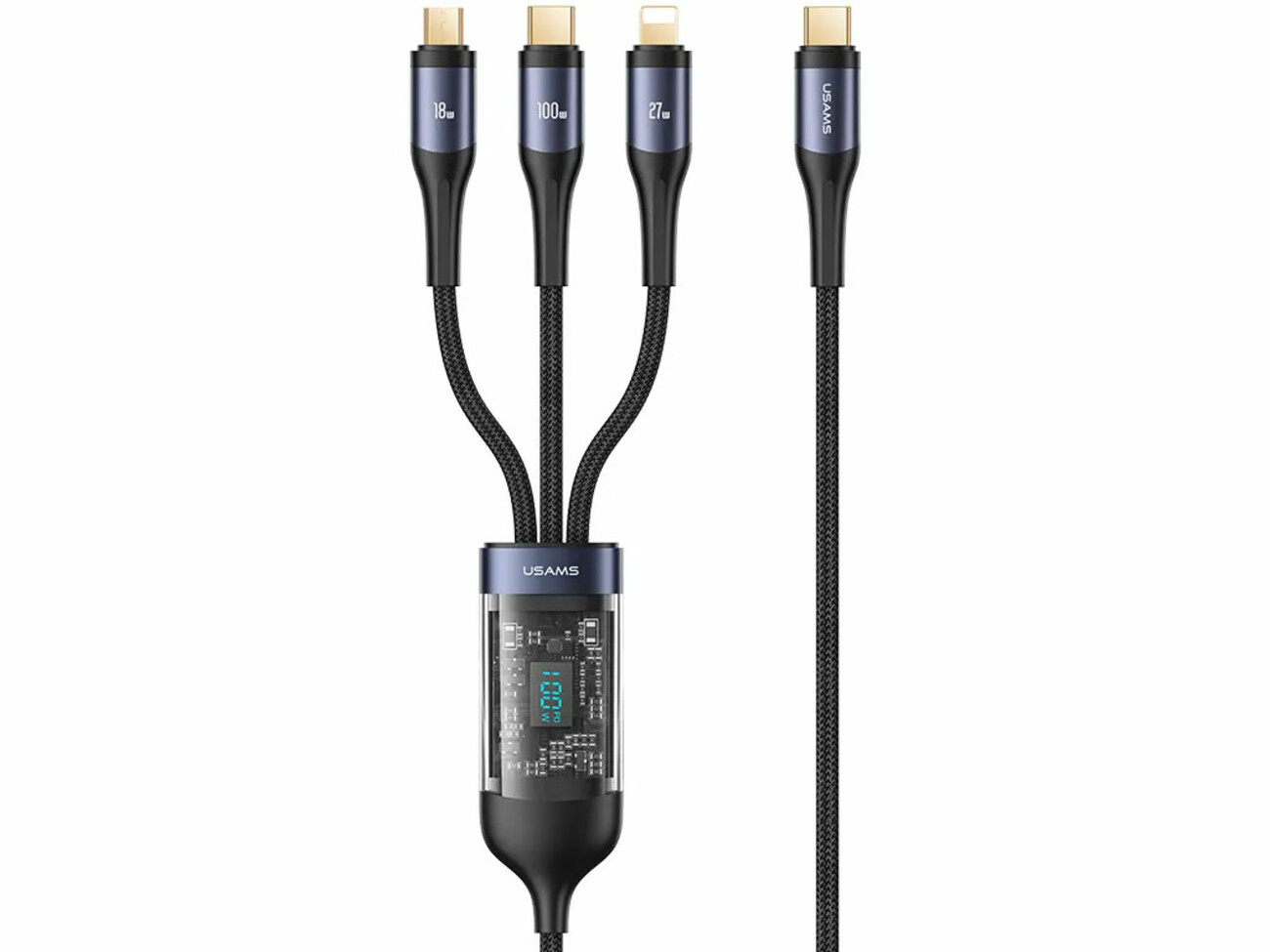 کابل شارژ سه سر تایپ سی به تایپ سی، میکرو و لایتنینگ 100 وات 1.2 متری یوسامز Usams US-SJ600 U83 Fast Charging &amp; Data Cable