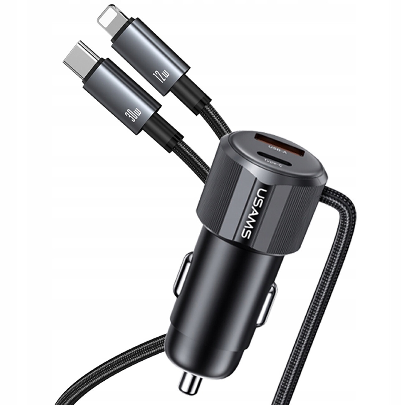 شارژر فندکی فست شارژ ماشین تایپ‌سی و یو‌اس‌بی 66 وات یوسامز با کابل متصل تایپ‌سی و لایتنینگ CC287