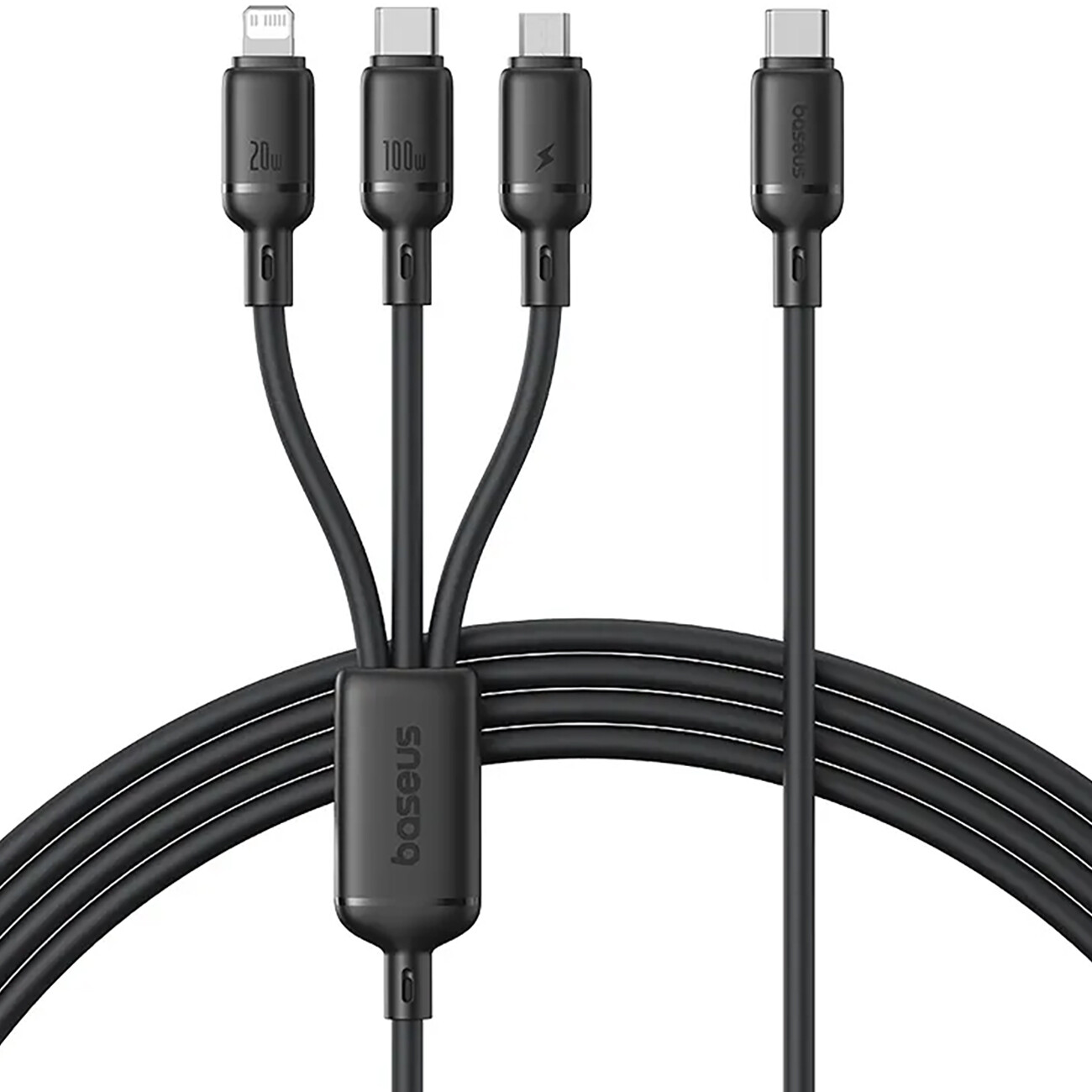 کابل شارژ چندکاره سه سر تایپ‌سی به تایپ سی، لایتنینگ و میکرو یو‌اس‌بی 100 وات 5 آمپر 1.5 متری بیسوس CB000166