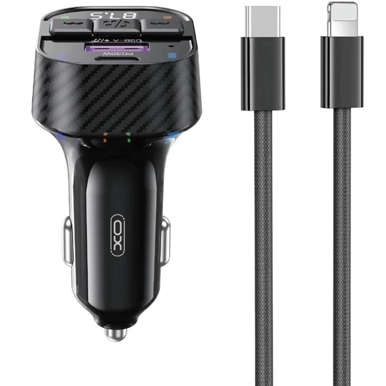 شارژر فندکی فست شارژ ماشین 30 وات و گیرنده بلوتوث خودرو با کابل Type-C به لایتنینگ ایکس او BCC17