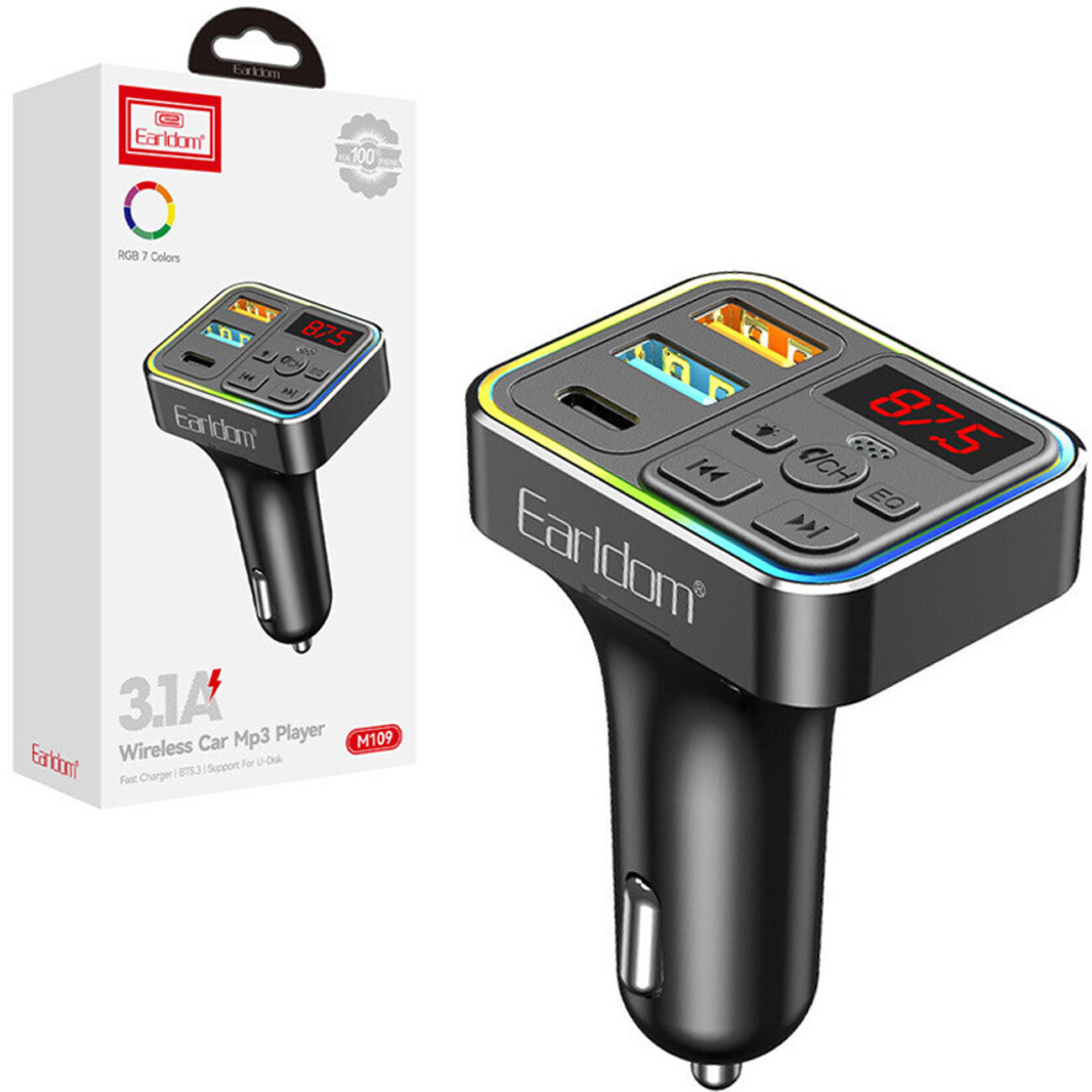 شارژر فندکی فست شارژ ماشین تایپ‌سی و USB با اف‌ام‌پلیر بلوتوثی ارلدام M109