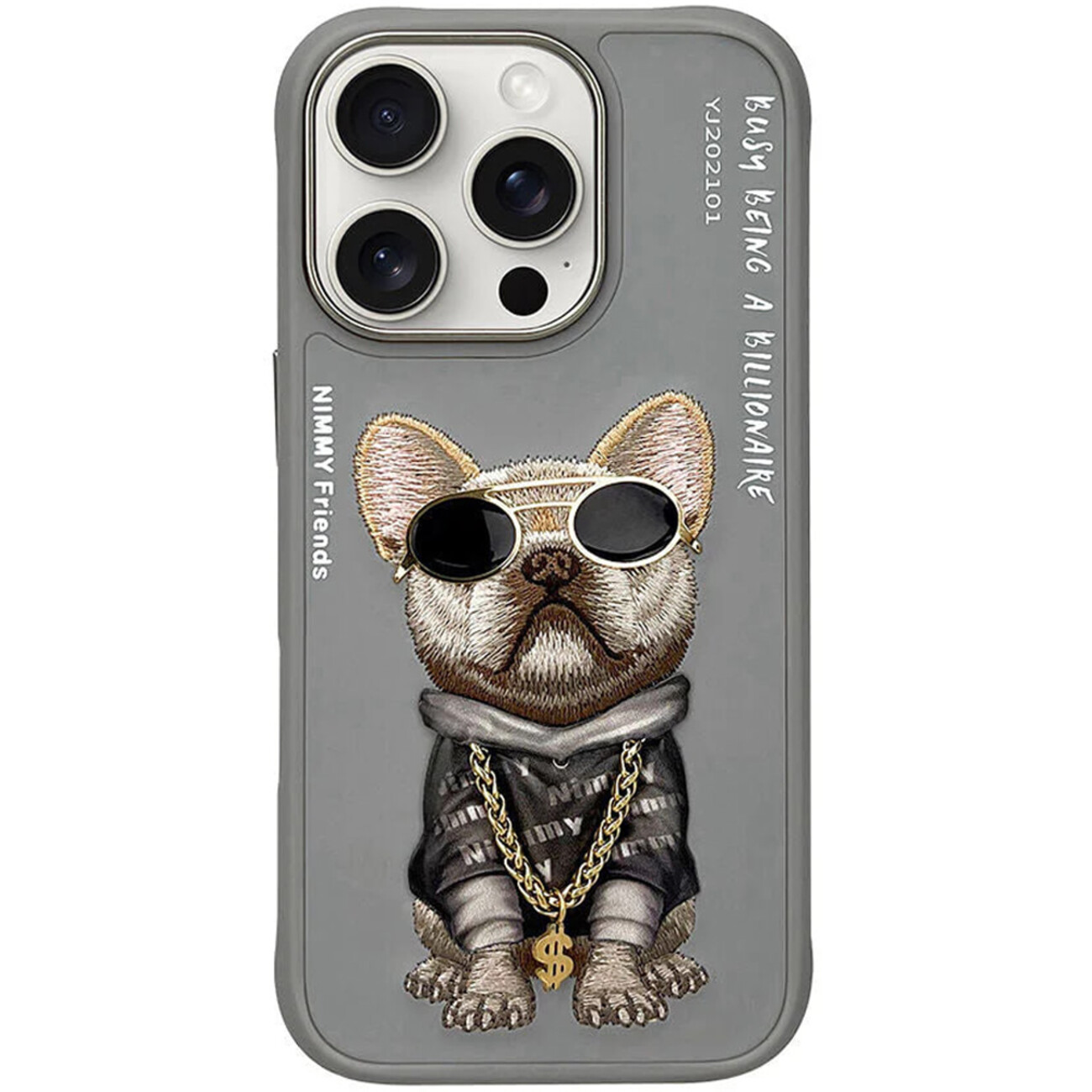 قاب محافظ گوشی آیفون 16 پرو بولداگ با زنجیر و عینک واقعی نیمی 01