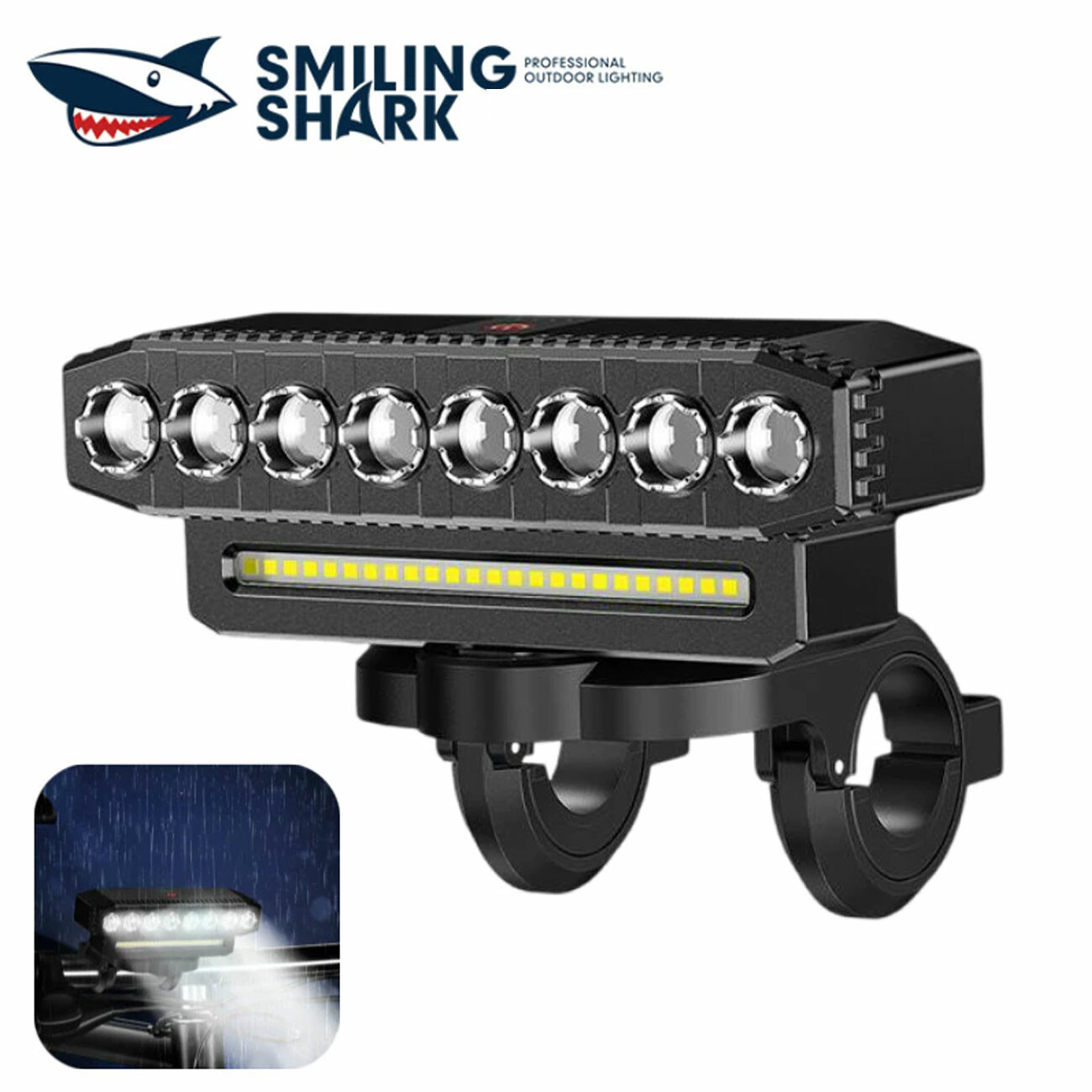 چراغ دوچرخه شارژی با نور قوی و اسپیکر اسمایلینگ شارک QX7145