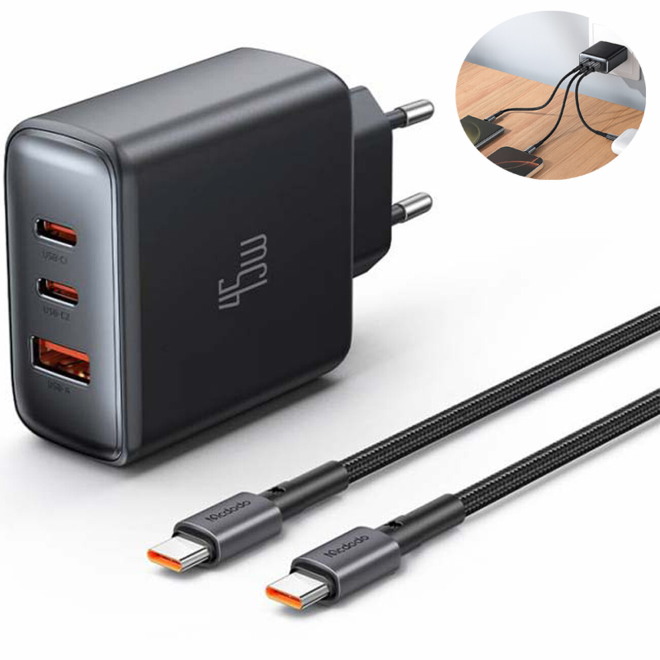 شارژر دیواری USB و تایپ‌سی 45 وات مک دودو CH-4861 با کابل تایپ‌سی به تایپ‌سی