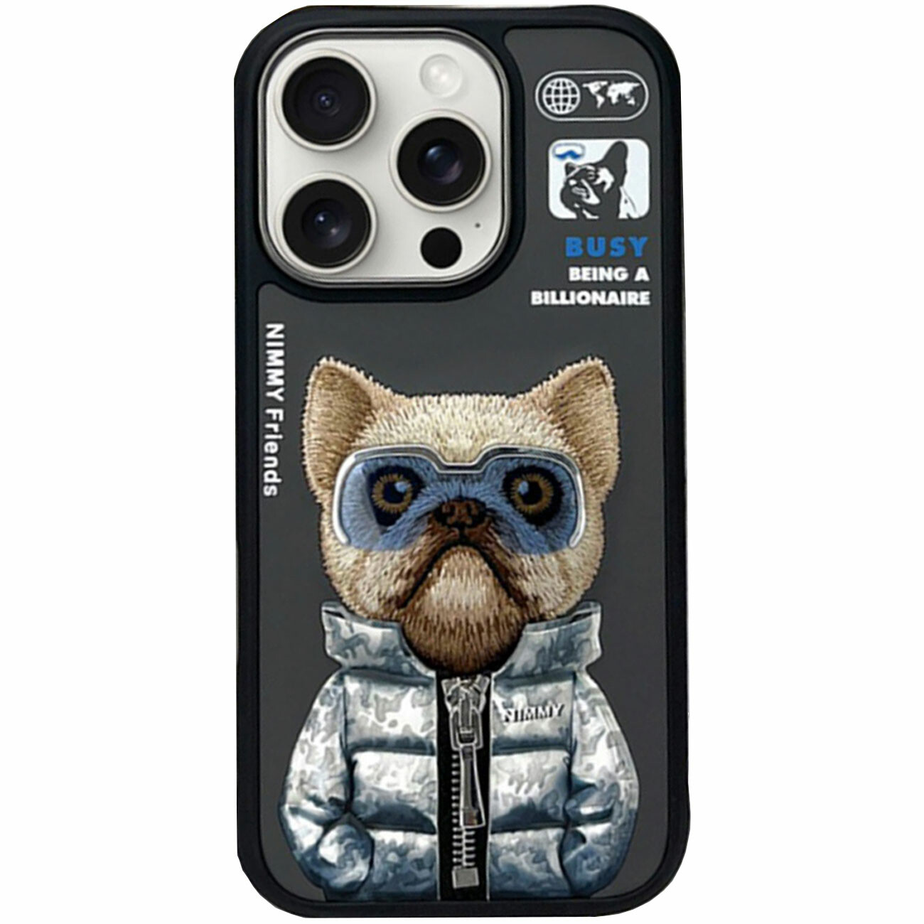 قاب محافظ گوشی آیفون 16 پرو طرح سگ عینکی با زیپ واقعی و استایل بی‌نظیر نیمی Cool Cute