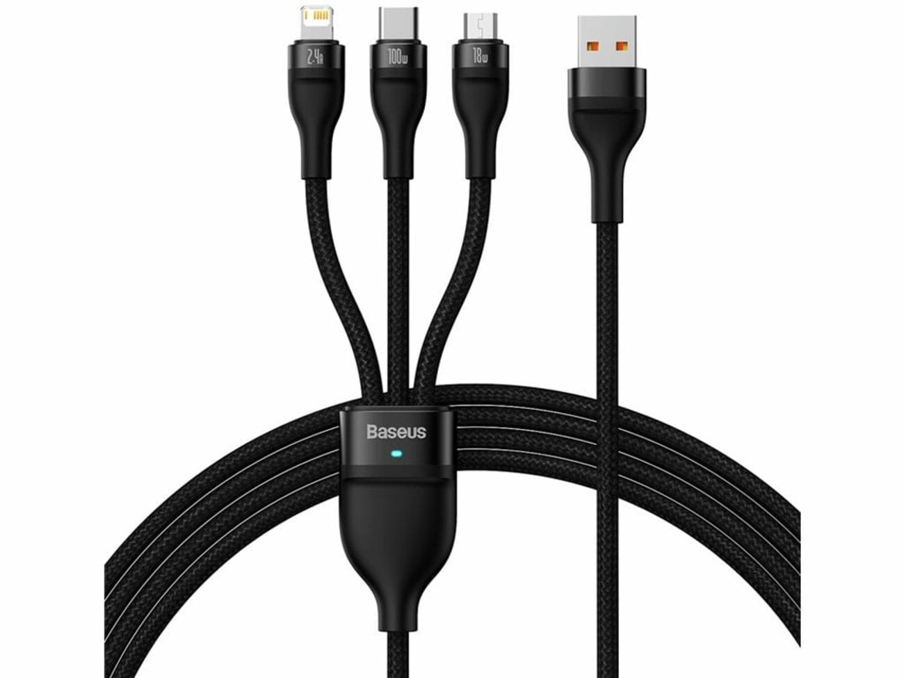 کابل سوپر فست شارژ سه سر یو اس بی به میکرو، تایپ‌ سی و لایتنینگ 1.2 متر بیسوس Baseus Flash Series Ⅱ Cable USB to M+L+C 100W CASS030001