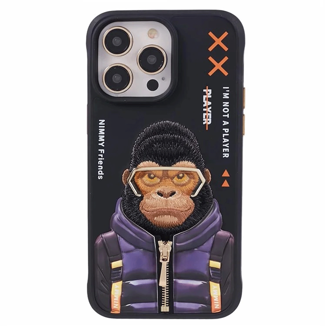 قاب محافظ گوشی آیفون 15 پرومکس طرح گوریل با عینک و زیپ واقعی نیمی