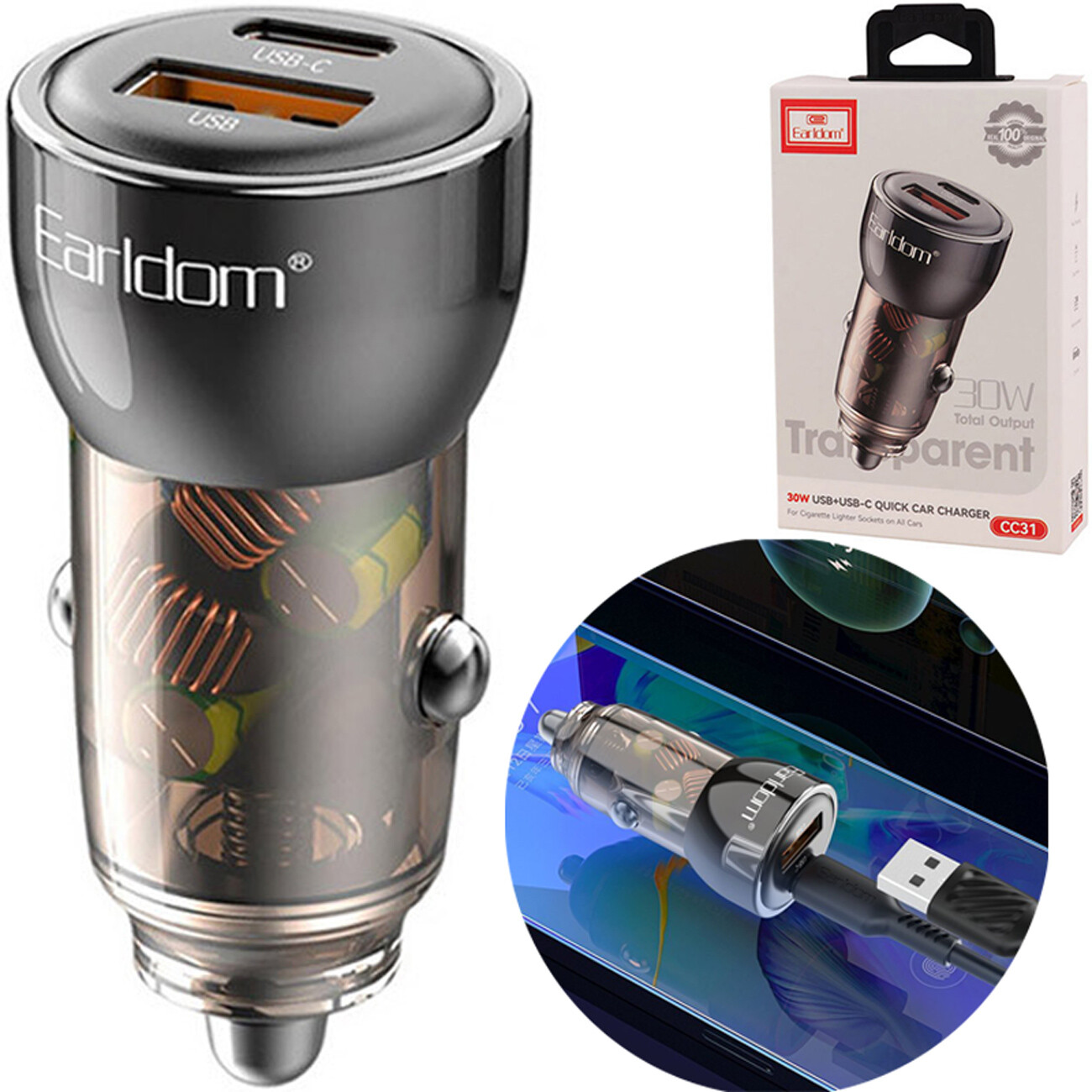 شارژر فندکی فست شارژ تایپ‌سی و USB خودرو 30 وات ارلدام Earldom CC31