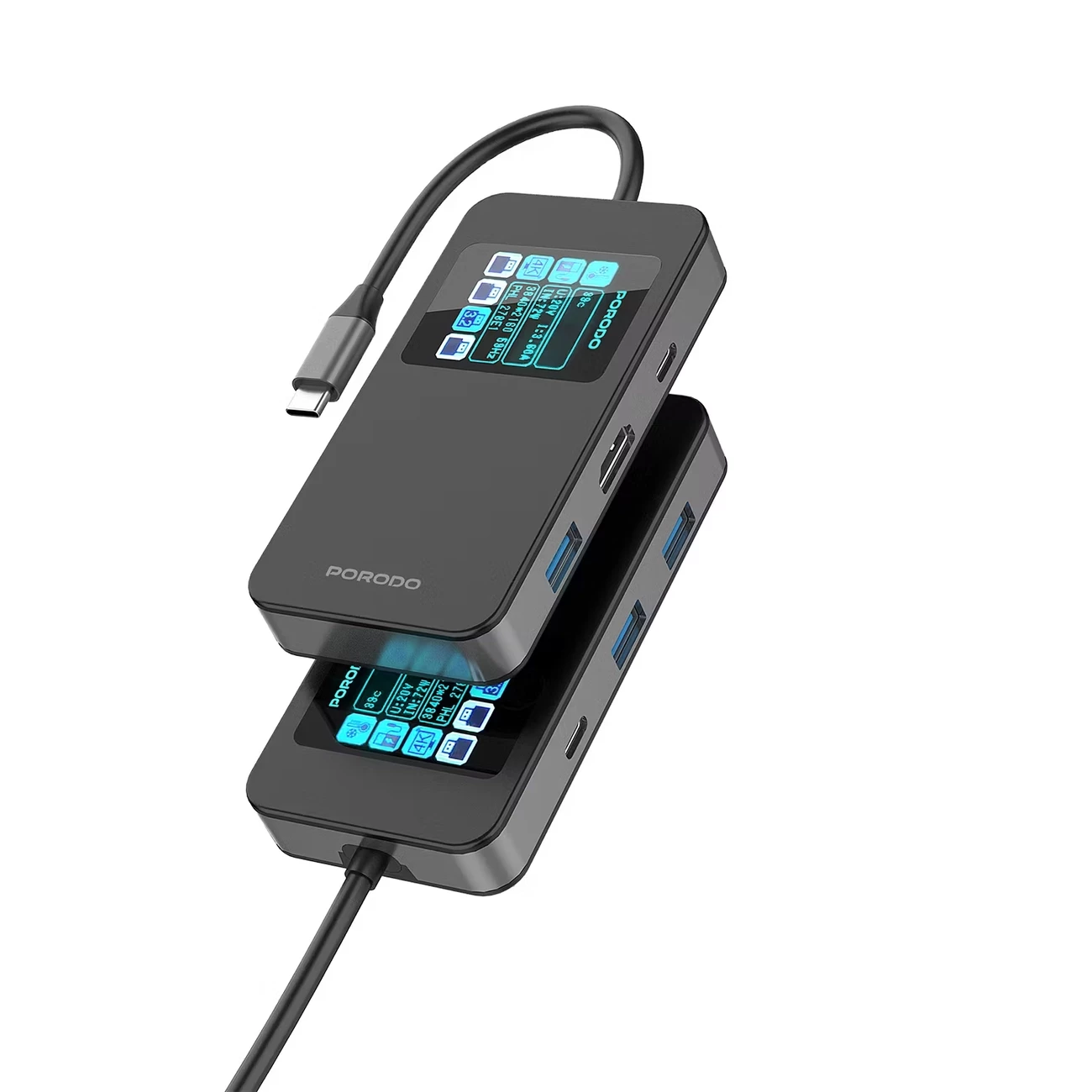 هاب تایپ سی 6 پورت پورودو Porodo مدل PDTC630GY با نمایشگر دیجیتالی