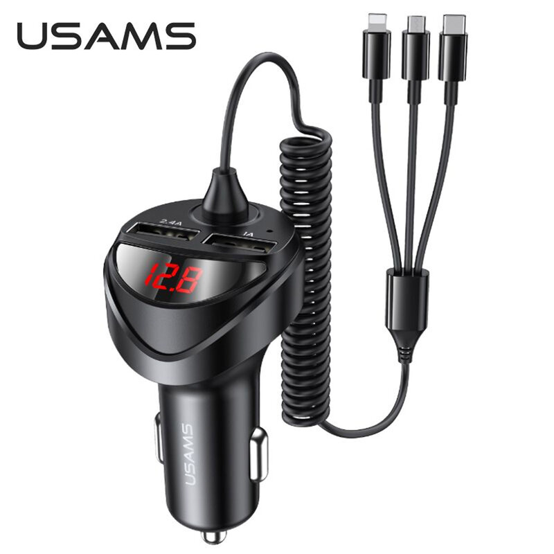 شارژر فندکی یوسامز USAMS مدل US-CC119 با جریان 3.4 آمپر و کابل 3 در 1
