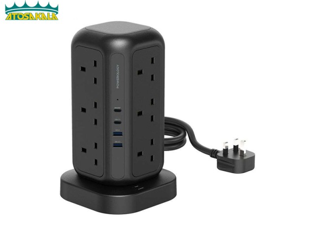 چند راهی برق و شارژر پاورولوژی Powerology 12 Socket Multi-Port Tower Hub PWCUQC013 دارای 4 پورت
