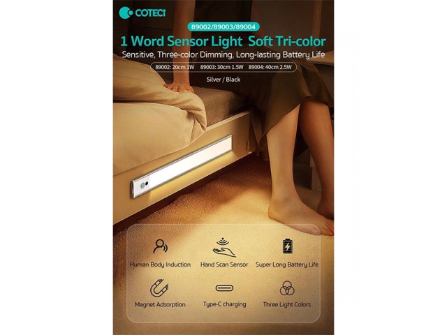 لامپ سنسوردار هوشمند زیر کابینتی 40 سانتی متری و 2.5 وات کوتتسی COTECi 1Word Sensor Light Soft Tri-color 89004-40CM-2.5W