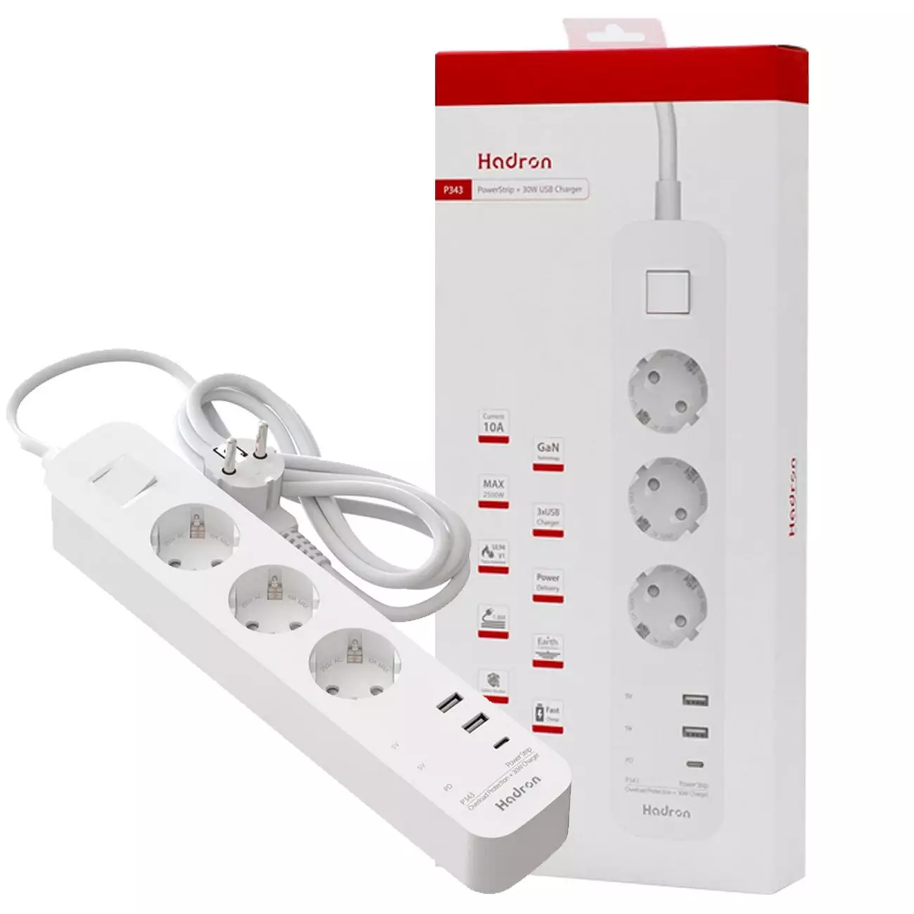 چند راهی برق ارت دار و شارژر 3 سوکت، 2 یو اس بی و 1 تایپ سی هادرون hadron P343 power plug