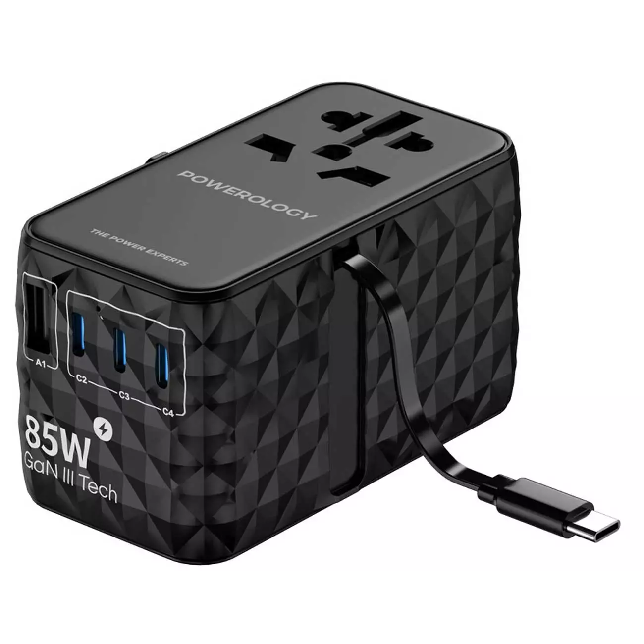 تبدیل پریز برق چندکاره 2500 وات و شارژر دیواری فست تایپ سی و یو اس بی 85 وات پاورولوژیPowerology PWCUQC026BK Universal GaN 85W Super Charger Retractable Type-C Cable