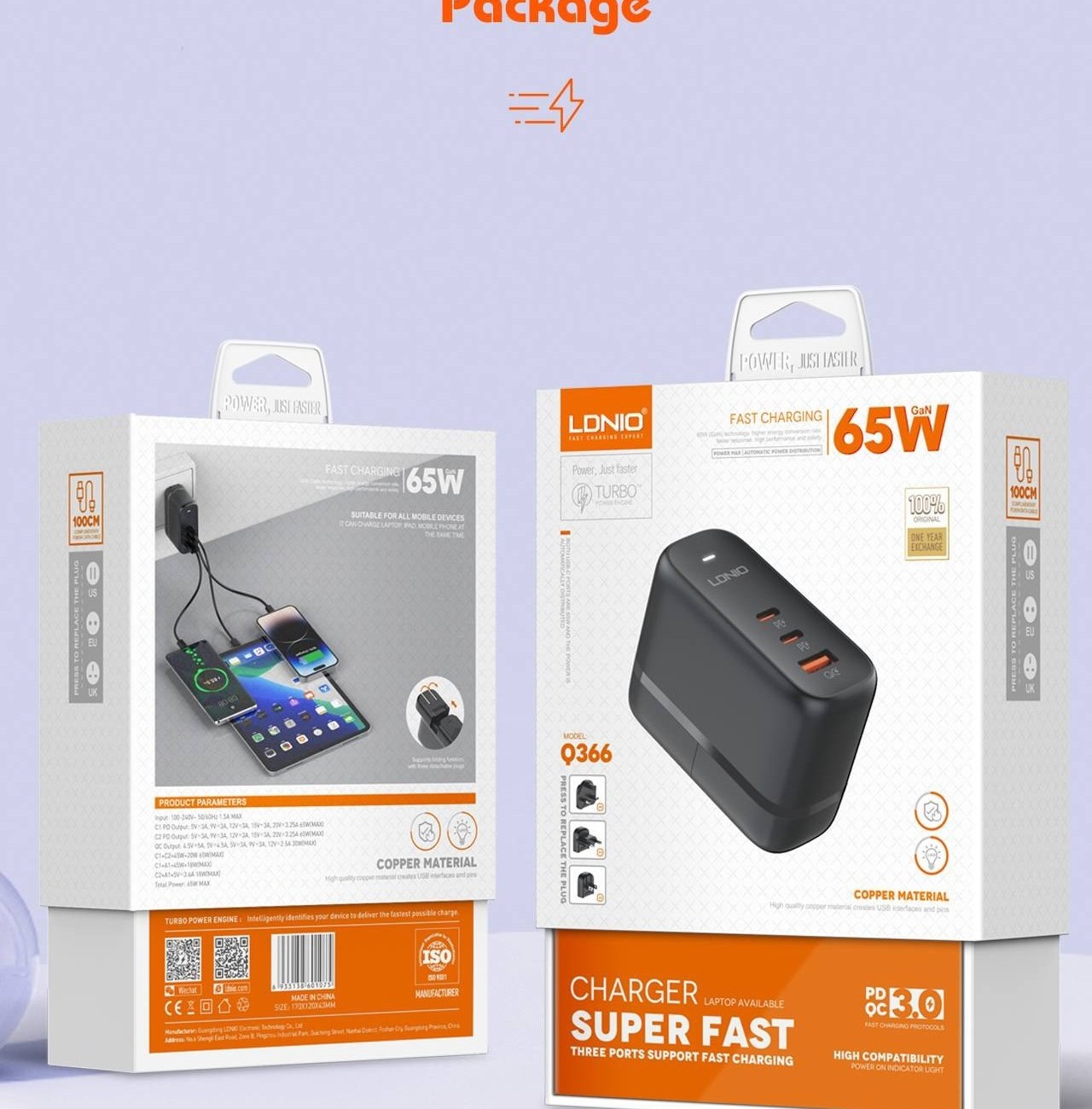 شارژر دیواری تایپ سی و یو اس بی 65 وات و 30 وات الدنیو LDNIO 65W GaN Supper Fast Charger Q366
