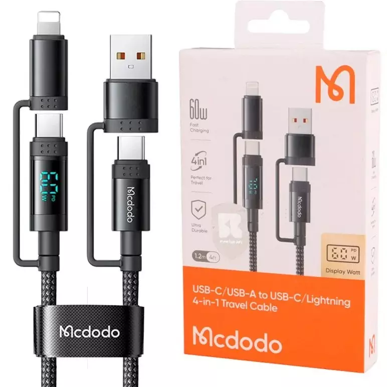 کابل چند کاره دوسر تایپ‌سی 60 وات، تایپ‌سی به لایتنینگ 36 وات، یو اس بی تایپ‌سی 18 وات و یواس‌بی به لایتنینگ 10 وات 1.2 متری مک دودو CA-199