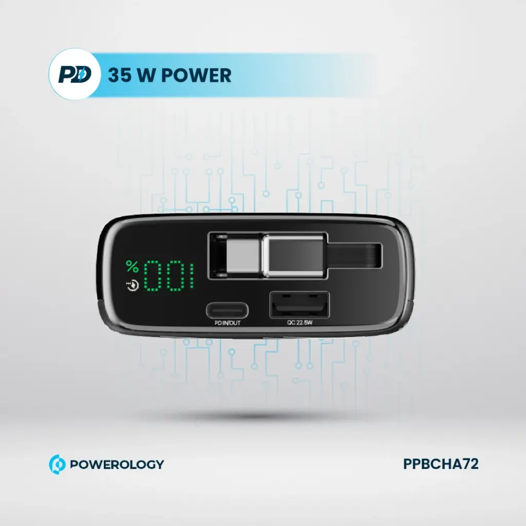 پاوربانک 35 وات 20000 با کابل تایپ سی جمع شونده پاورولوژی Powerology Power Bank PPBCHA72