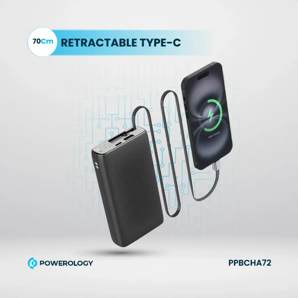 پاوربانک 35 وات 20000 با کابل تایپ سی جمع شونده پاورولوژی Powerology Power Bank PPBCHA72