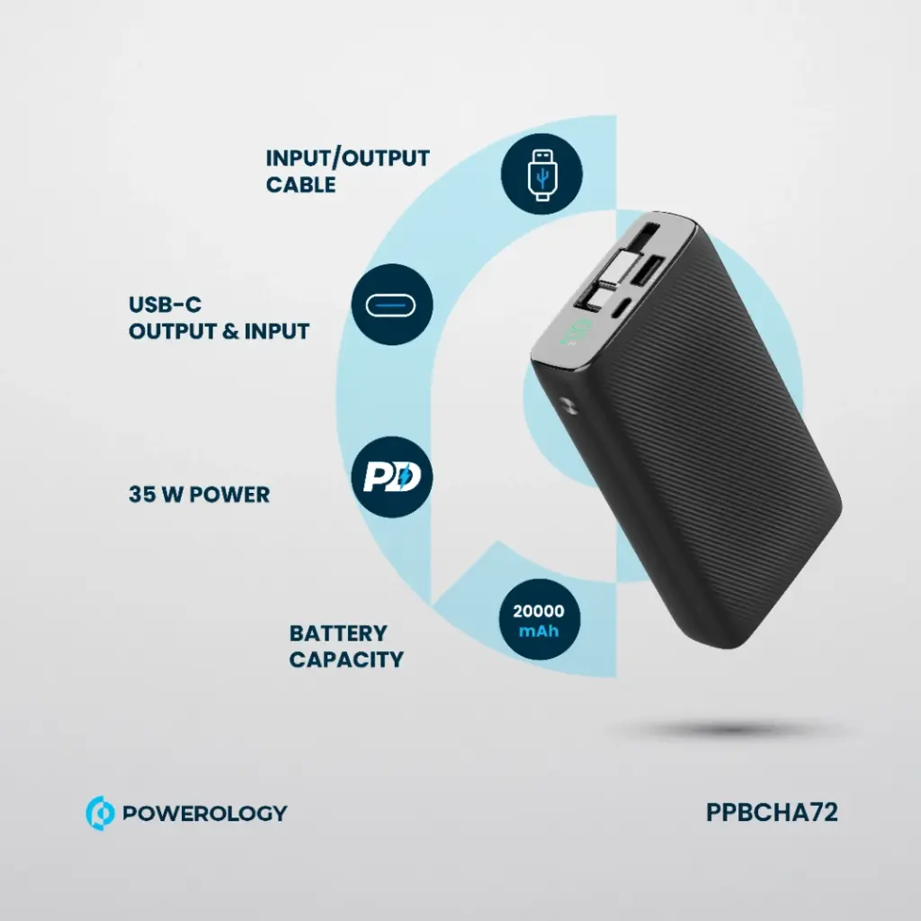 پاوربانک 35 وات 20000 با کابل تایپ سی جمع شونده پاورولوژی Powerology Power Bank PPBCHA72