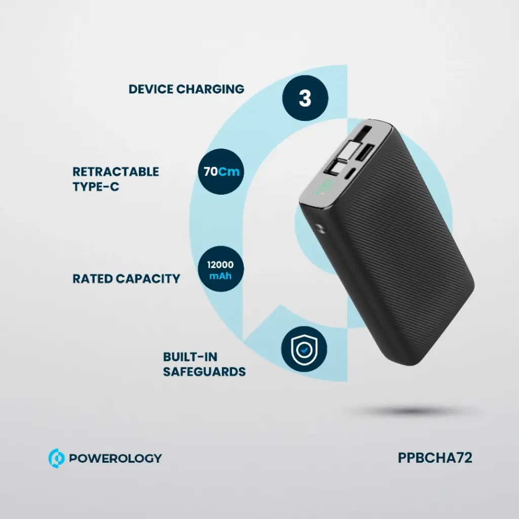 پاوربانک 35 وات 20000 با کابل تایپ سی جمع شونده پاورولوژی Powerology Power Bank PPBCHA72