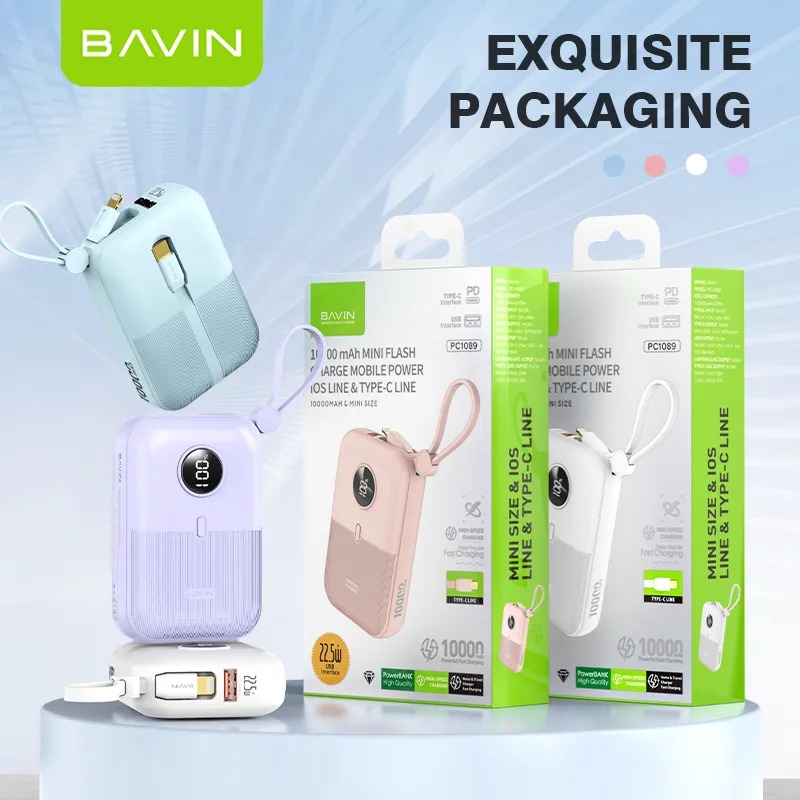 پاوربانک 10000 باوین Bavin PC1089S توان 22.5 وات همراه با کابل متصل