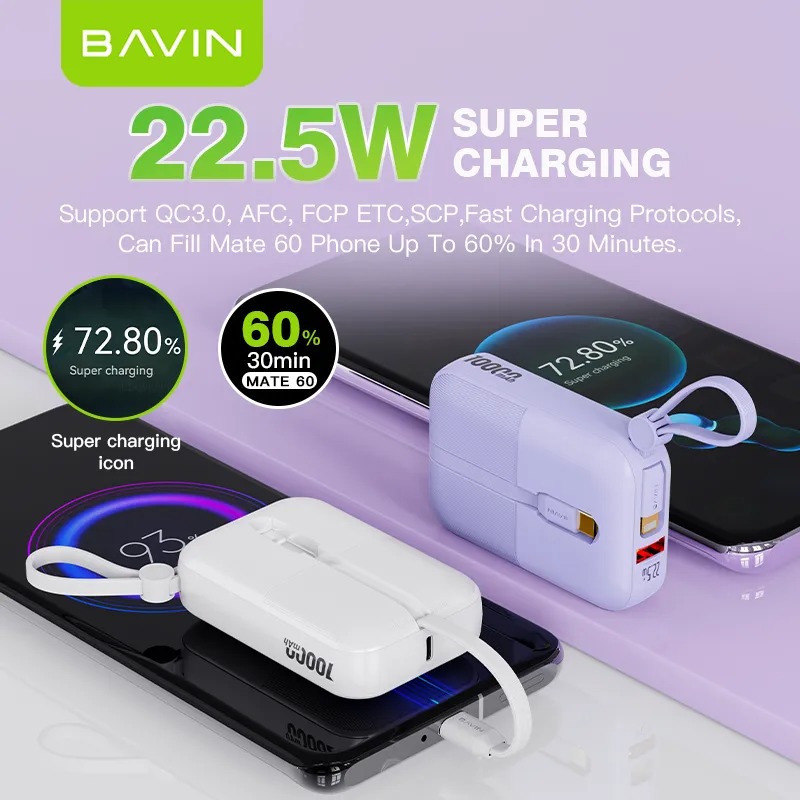 پاوربانک 10000 باوین Bavin PC1089S توان 22.5 وات همراه با کابل متصل