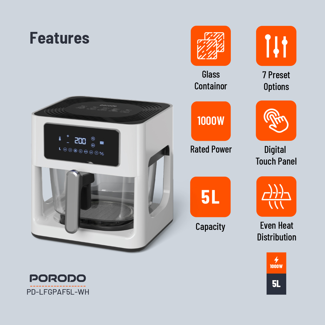 هواپز شیشه ای پرودو Porodo LifeStyle 5L Glass Pot Air Fryer PD-LFGPAF5L