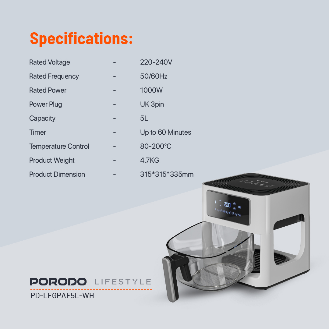 هواپز شیشه ای پرودو Porodo LifeStyle 5L Glass Pot Air Fryer PD-LFGPAF5L