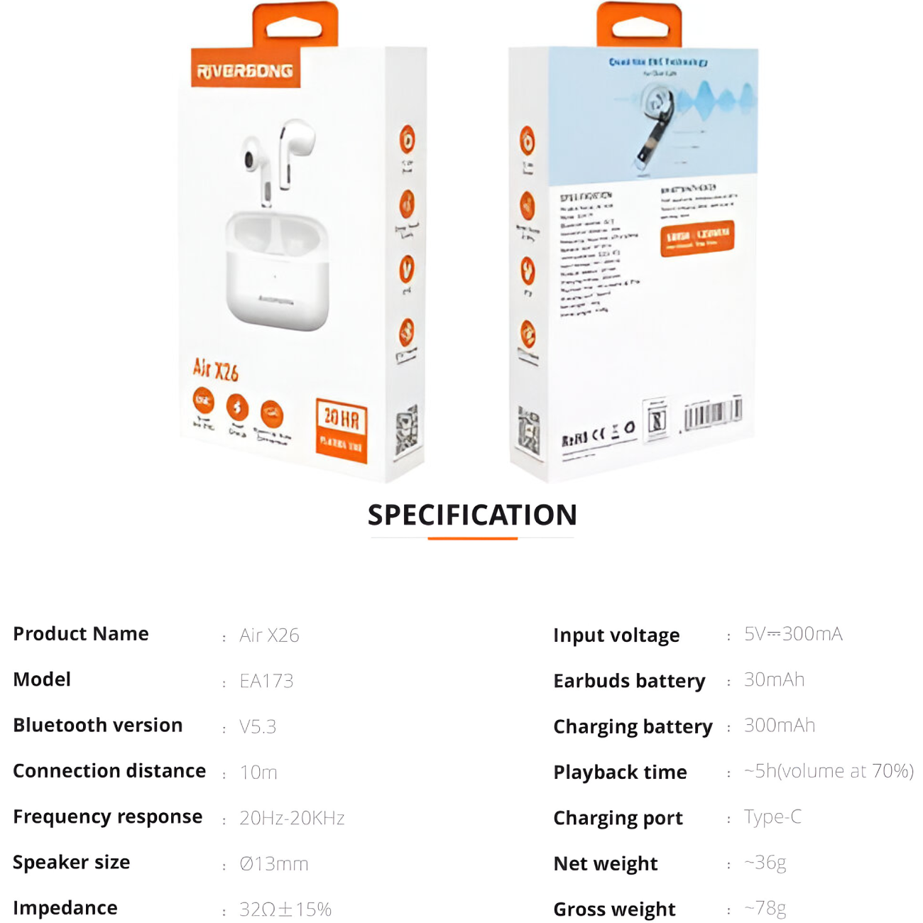 هندزفری بلوتوثی 5.3 ریورسانگ Air X26 EA173