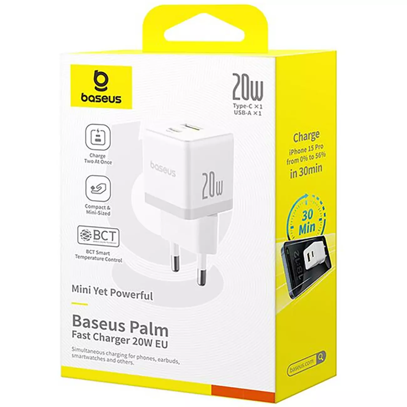 شارژر دیواری 20 وات فست شارژ Type-C و USB بیسوس با کابل دو سر تایپ سی CCZC20UE