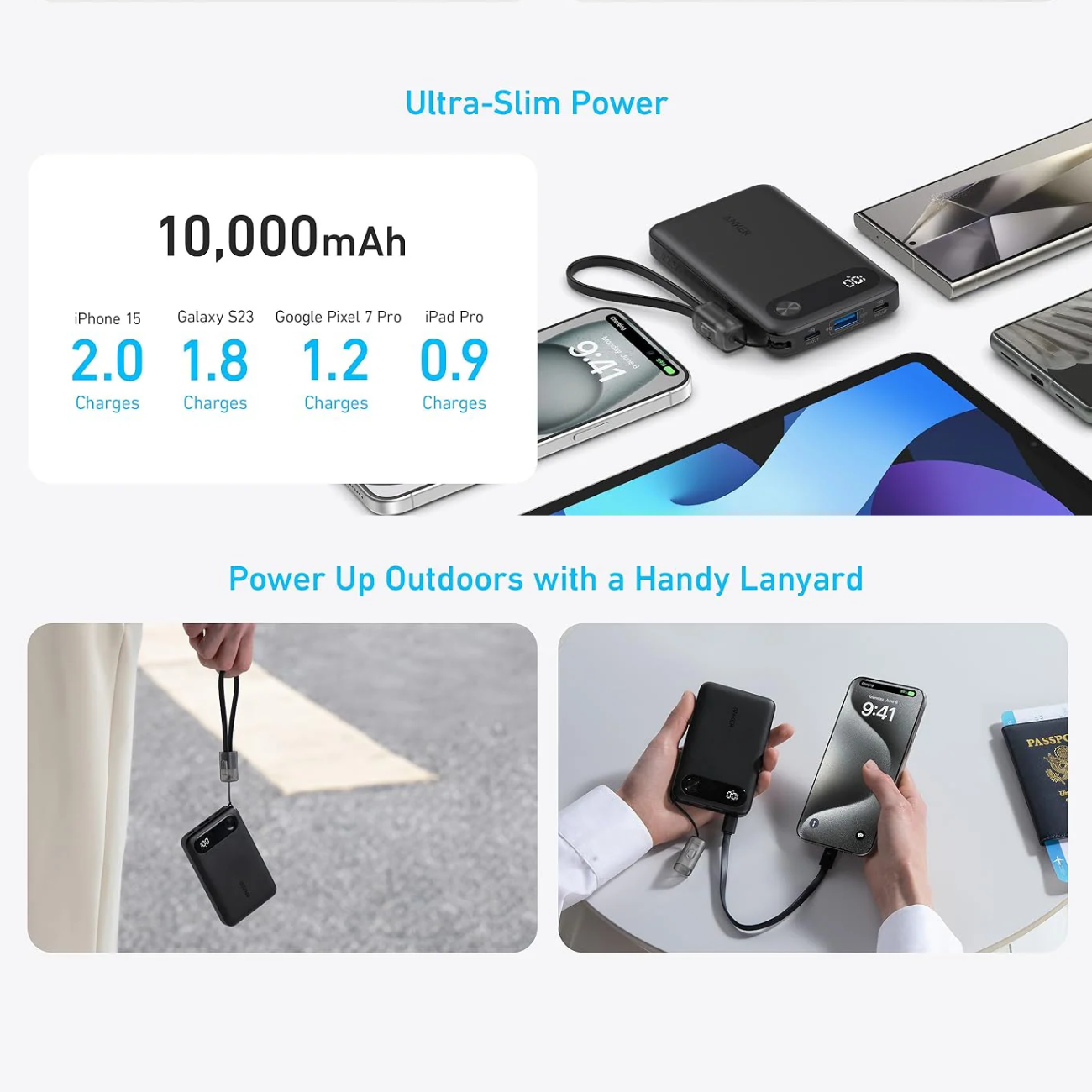 پاور بانک 10000 میلی‌آمپر 22.5 وات فست شارژ Type-C و USB همراه با کابل دو سر تایپ سی انکرA1257