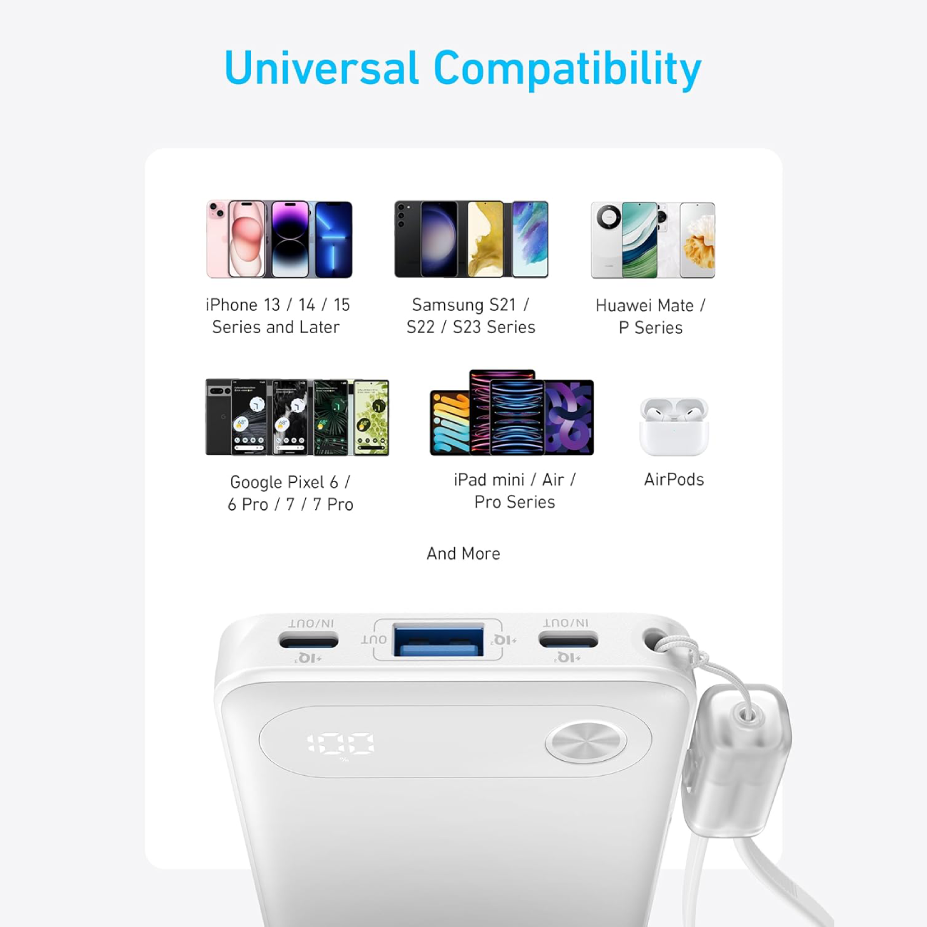 پاور بانک 10000 میلی‌آمپر 22.5 وات فست شارژ Type-C و USB همراه با کابل دو سر تایپ سی انکرA1257