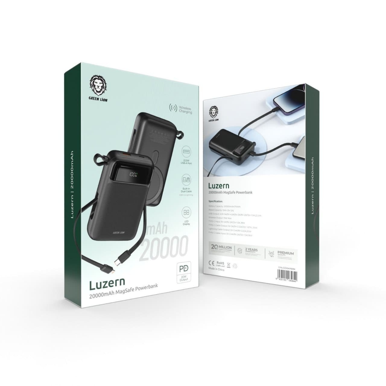 پاوربانک وایرلس 20000 به همراه کابل متصل گرین لاین Green Lion Luzern MagSafe Power Bank GNLEZ20KPBBK