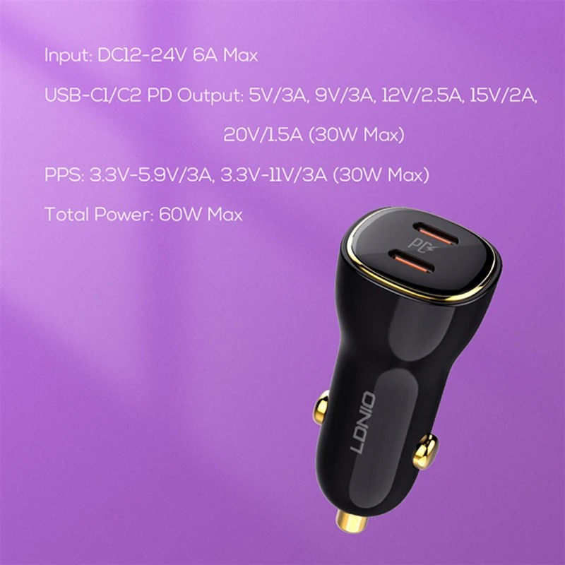 شارژر فندکی 60 وات با کابل همراه الدینیو LDNIO Car Charger C104