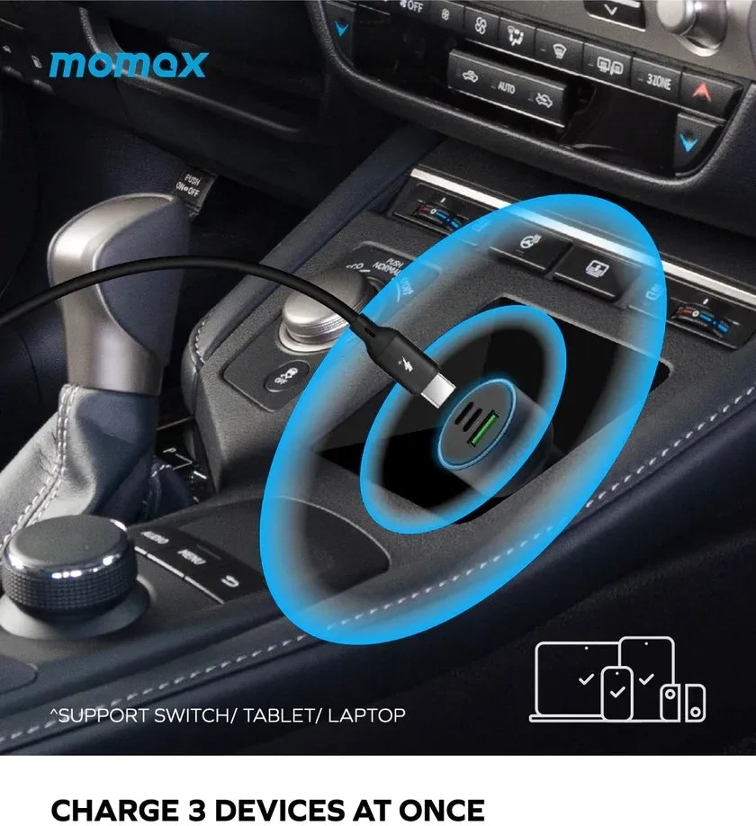 شارژر فندکی سه پورت 100 وات مومکس Momax MoVe Car Charger UC17E