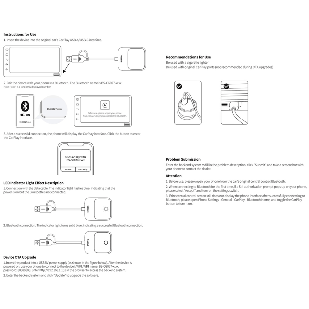 دانگل بلوتوث CarPlay خودرو بیسوس C10745100813-00 BS-CG027