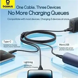 کابل سه سر 1.3 متر بیسوس Baseus 3.5A Ultra-Fast Charging Cable CB000161