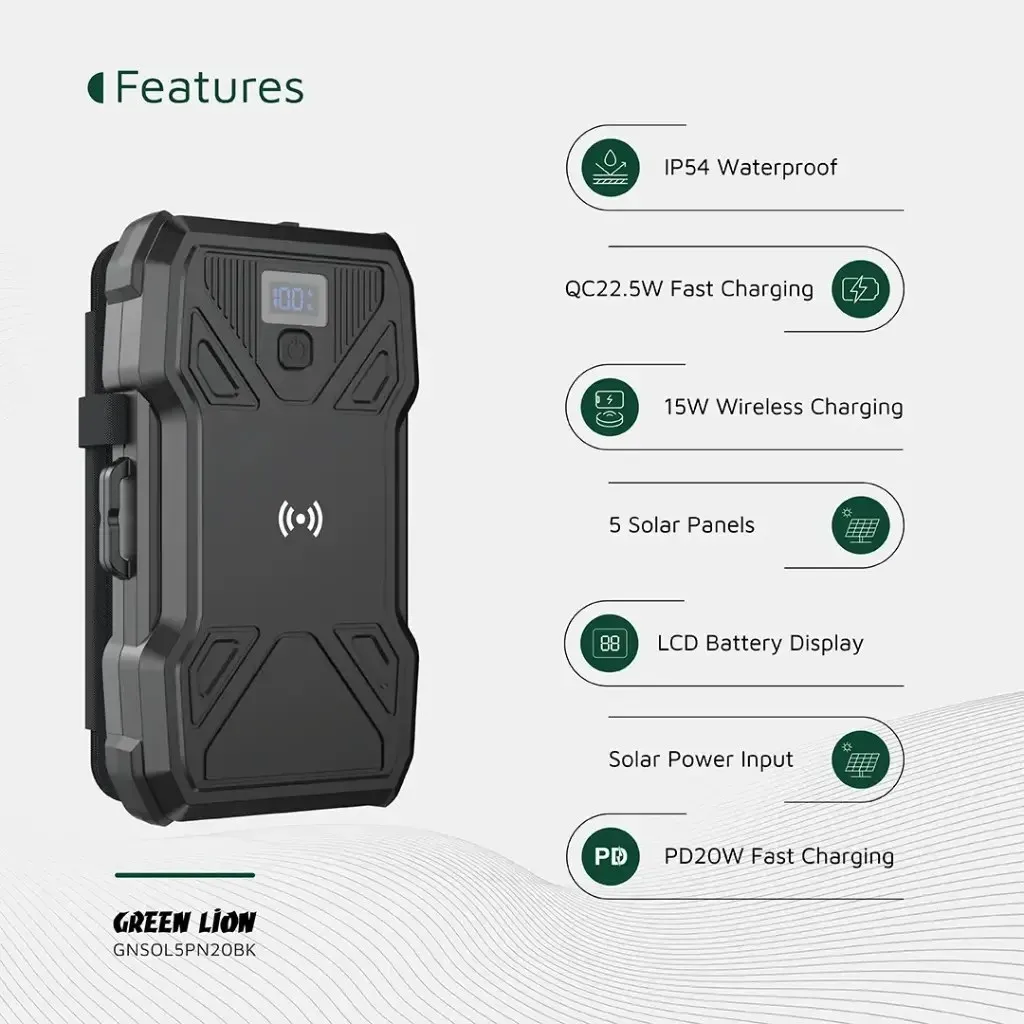 پاوربانک خورشیدی 5 پنل 20000 گرین لاین Green Lion Solar 5-Panel Power Bank GNSOL5PN20BK