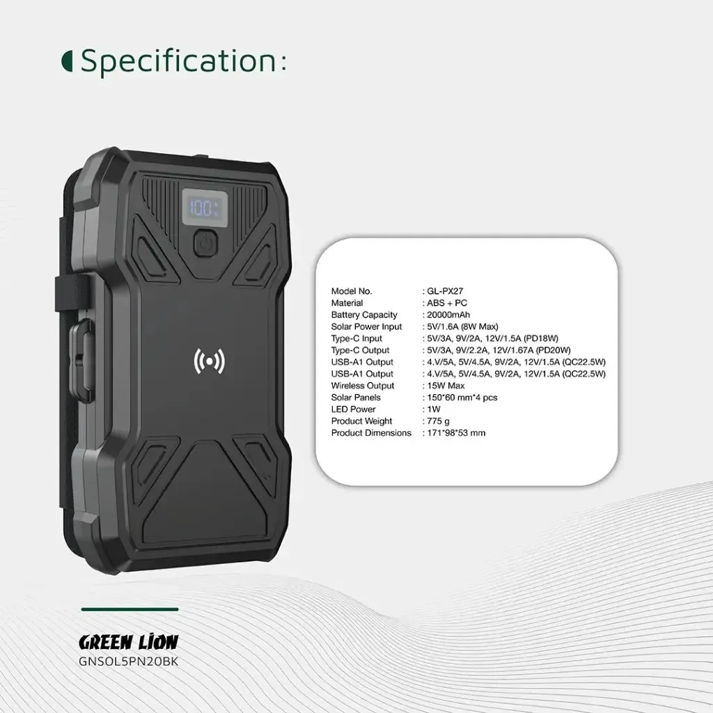 پاوربانک خورشیدی 5 پنل 20000 گرین لاین Green Lion Solar 5-Panel Power Bank GNSOL5PN20BK