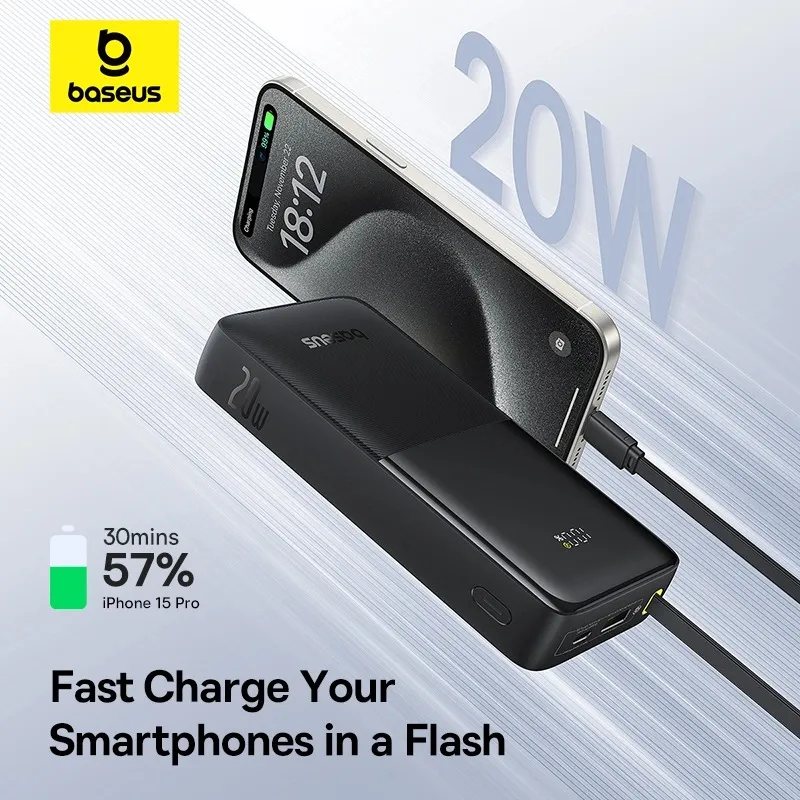 پاوربانک 20وات 10000 با کابل بیسوس Baseus Power Bank Bipow 2 With Cable PPBD2-1W20