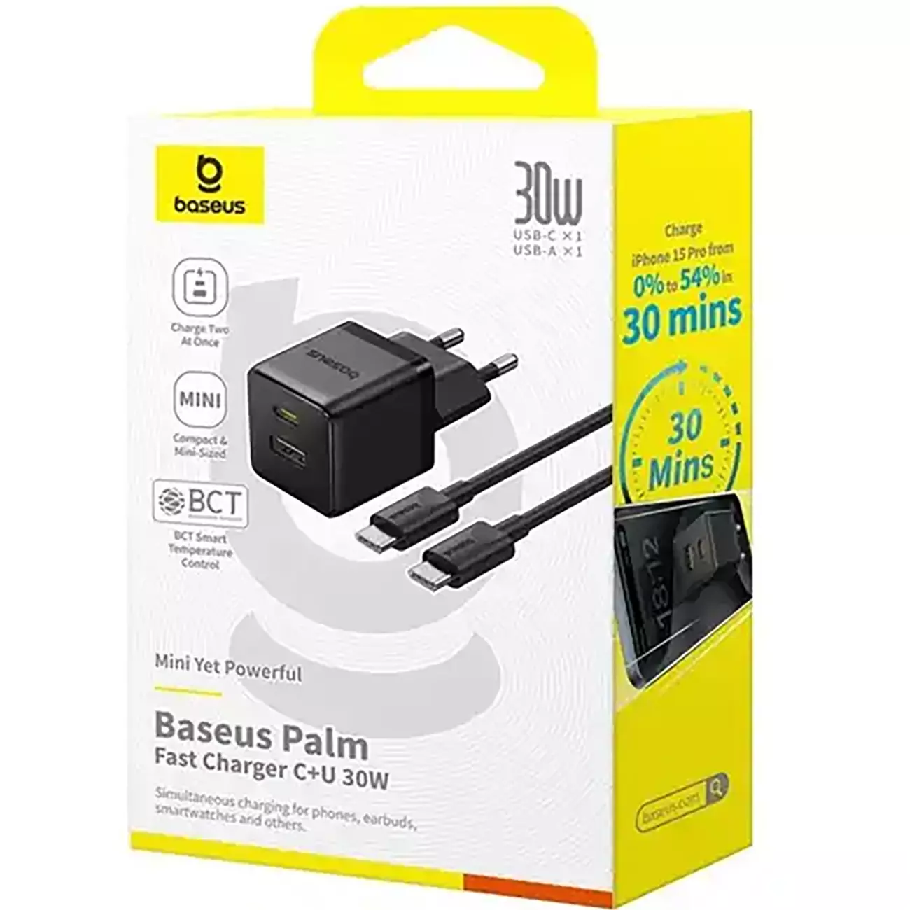 شارژر دیواری فست تایپ‌سی و یو اس بی 30 وات بیسوس با کابل دو سر تایپ سی CCZC30UE