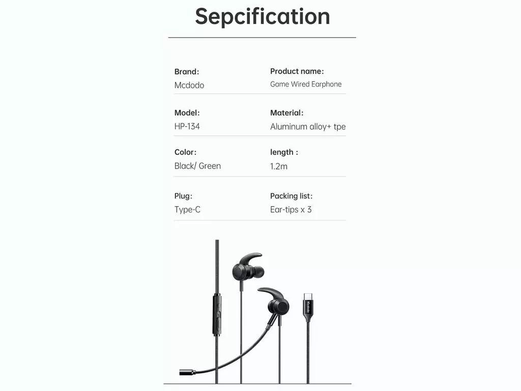 هندزفری سیمی گیمینگ حرفه‌ای تایپ‌سی مک‌دودو Mcdodo USB Type-C Gaming Earphones HP-1340