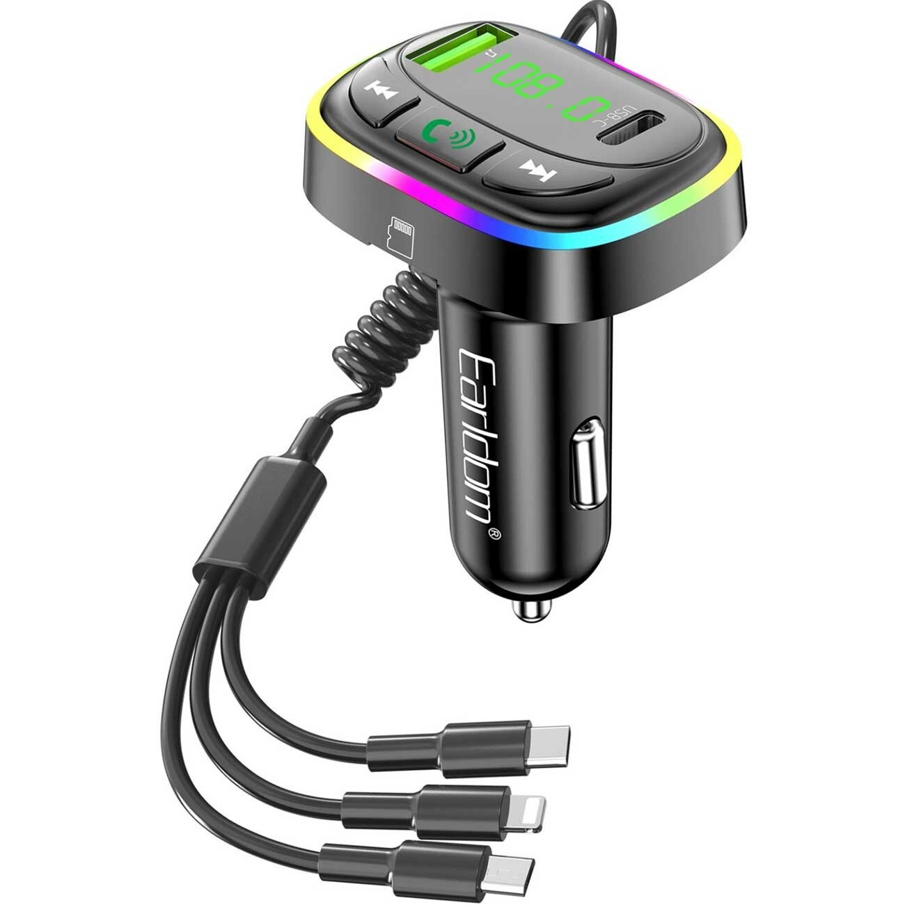 شارژر فندکی فست شارژ ماشین و اف ام پلیر بلوتوثی با کابل متصل تایپ سی، لایتنینگ و میکرو یو‌اس‌بی ارلدام ET-M105